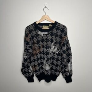 Vintage J Riggings Sweater Mens Small Black Gray Brown Houndstooth Knit 80s 90s